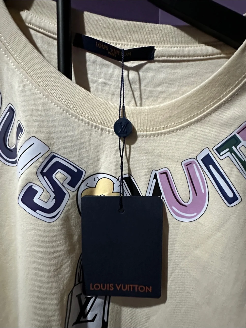 Louis Vuitton Cream T-Shirt with Pastel Graphic Logo Necklace